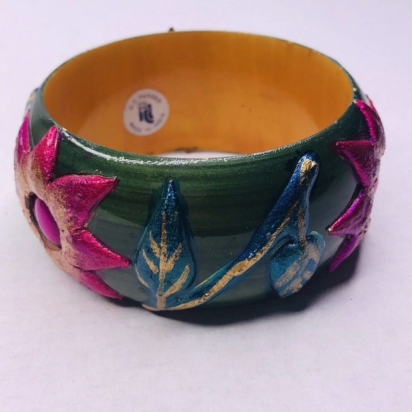 Bangle Hand Painted Flowers Pink Green Blue India IDL - Picture 3 of 9